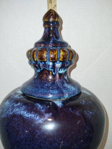 Vtg Large Cobalt Blue And Brown Drip Glazed Stoneware Fluted Base Urn 21" Tall - Picture 4 of 24