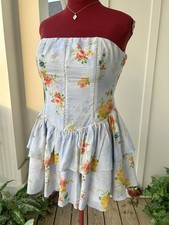 Rare Hello Molly Strapless Floral Mini Dress Blue Corset Style Ruffle Skirt US 6