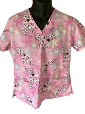 SB Scrubs Scrub Top Women's Small Pink Multicolor Floral V-Neck Short Sleeve