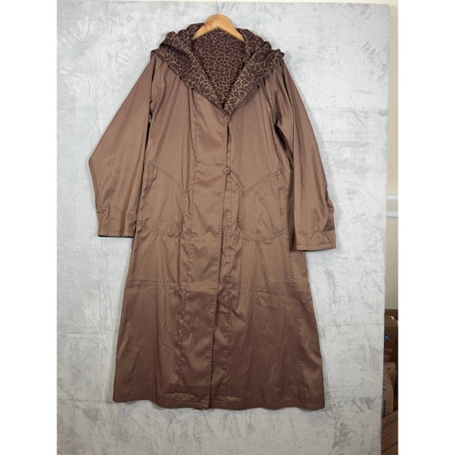 VTG Nordstrom Reversible Trench Coat M Brown Leopard Print Hooded Belted Read!