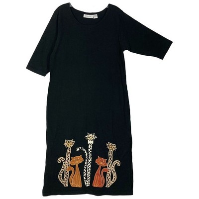 NWOT Vintage SANTE Dress M Black Cat-Appliqué-Gold-Thread Slit-Sides Maxi Cotton