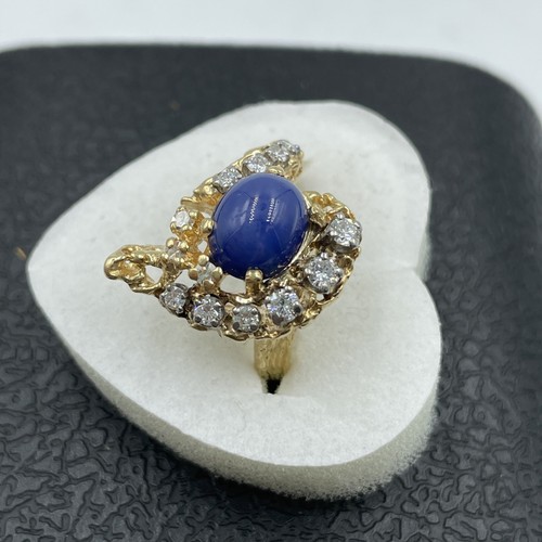 14K Yellow Gold Synthetic Lapis Lazuli & Diamond Ring 6.5g - Picture 3 of 17