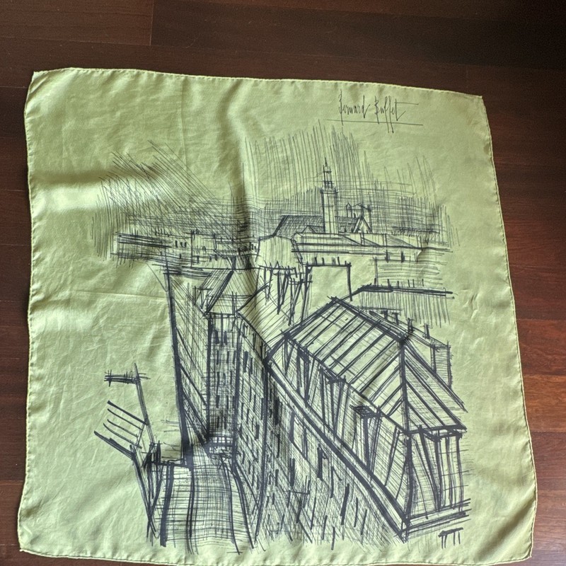 Vintage Bernard Buffet Signed Silk Scarf Paris Cityscape French Expressionist. 