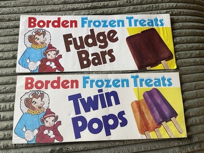 2 Vintage restaurant grocery store Signs BORDEN FROZEN TREATS Twin Pops Fudge Ba