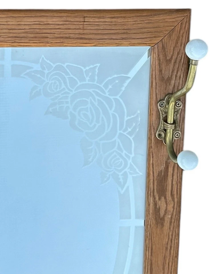 Vintage Oak Frame Rectangular Mirror Etched Rose Brass Hooks Entryway Coat Rack - Image 2 of 4