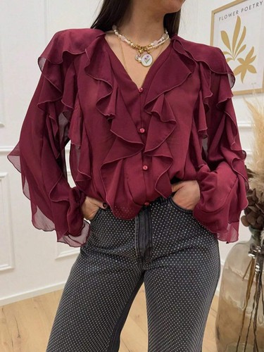 Ruffled Sheer Long Sleeve Blouse - Picture 46 of 52