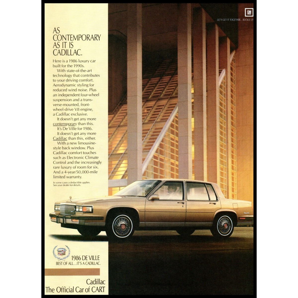 1986 Cadillac Sedan DeVille Vintage Print Ad Architecture Glass