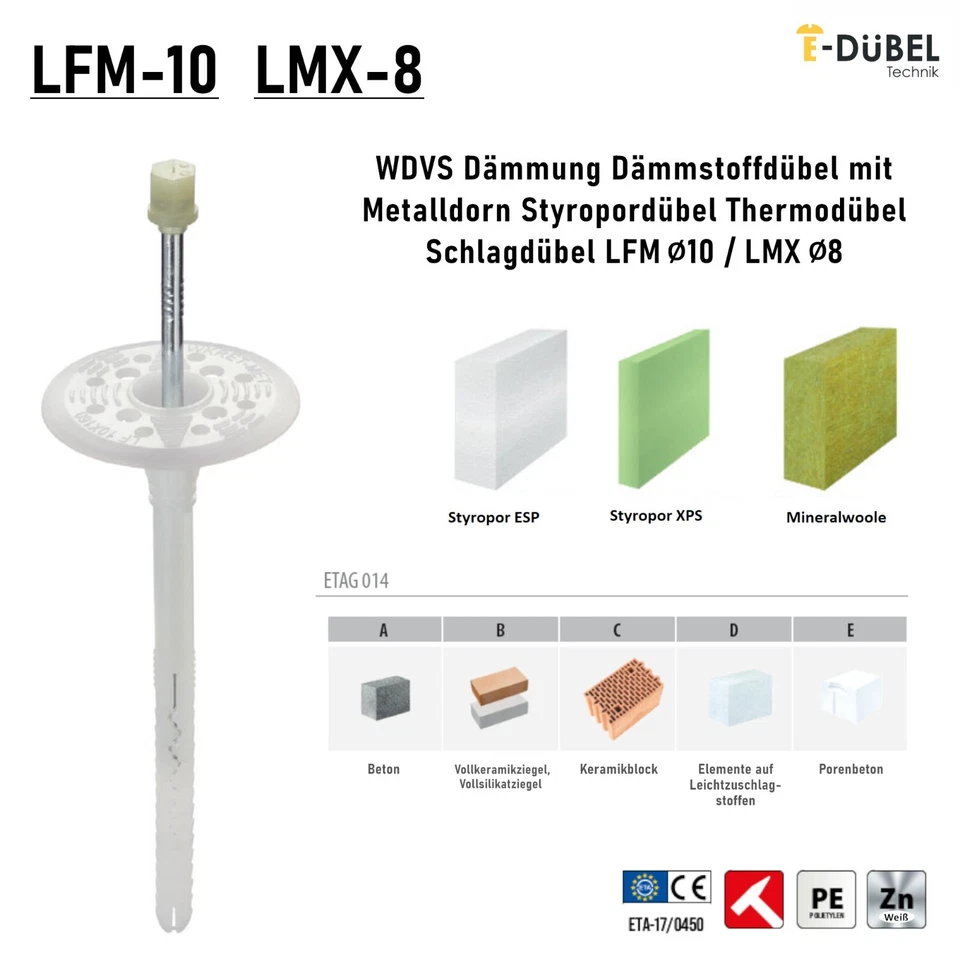 Tassello isolante WDVS mandrino in metallo tassello in polistirolo tassello termico isolamento LFM LMX Ø 8 10 - Immagine 2 di 4
