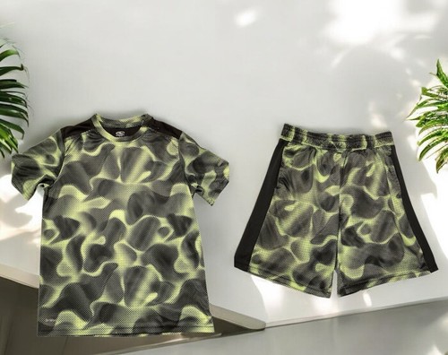 2 Pc Boys Athletic DriWorks Black/Green Geometric Design Walking Shorts Set Sz L - Picture 2 of 11