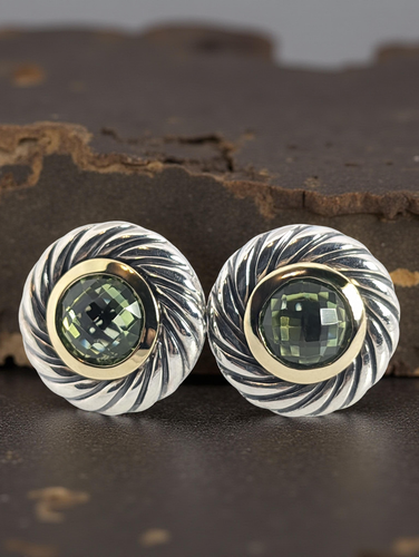 DAVID YURMAN STERLING SILVER 18K GOLD PERIDOT 12.5mm COOKIE STUD EARRINGS #7986
