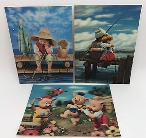 Lot-of-3-Vintage-3D-Lenticular-Postcard-Greeting-Cards-3-Pigs-Fisherman-RF689