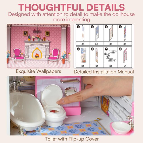 Wooden Dollhouse Playset, 3 Stories, 5 Rooms, 24 PCS Furniture, Pretend Play ... - Picture 6 of 8