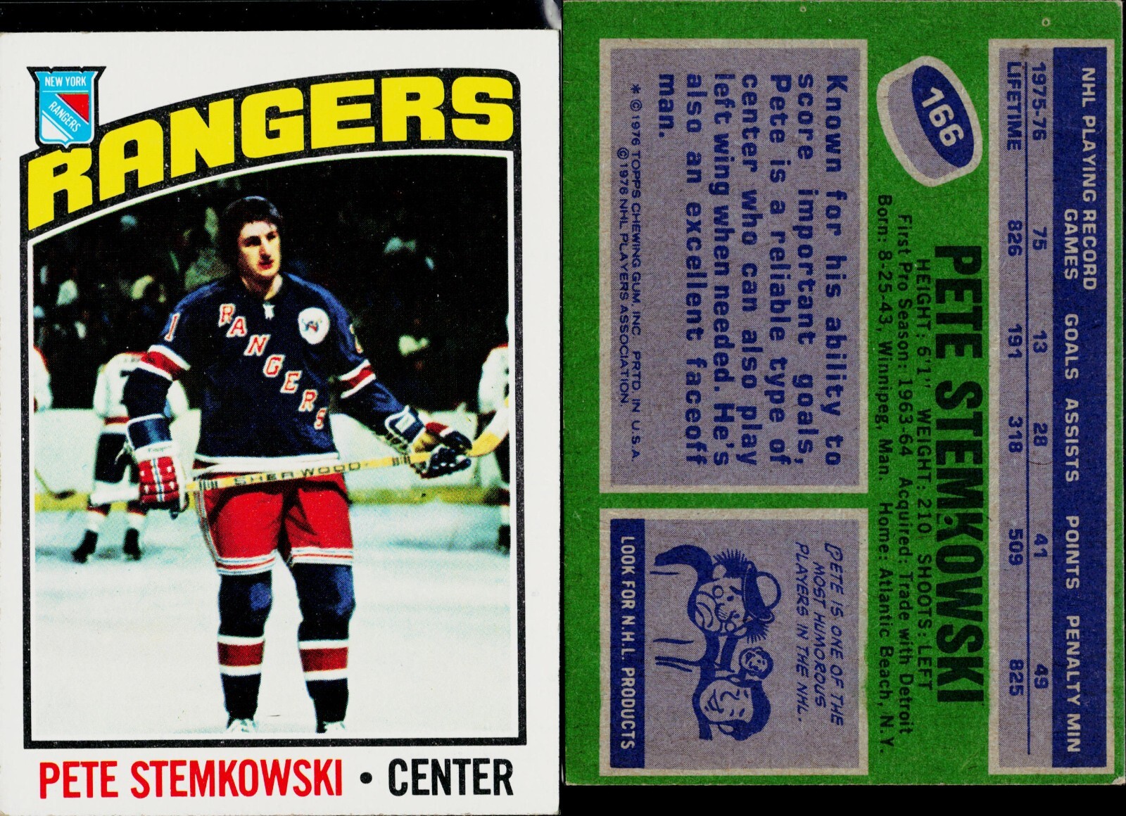 1976-77 Topps #166 Pete Stemkowski New York Rangers Hockey Card