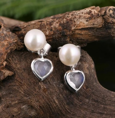 Real 14k White Gold Heart Drop Dangle Earrings With Moonstone & Pearl Gemstone - Picture 2 of 7