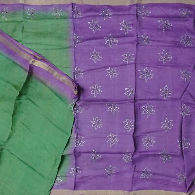 Vintage Grün Saree 100% Reine Seide Hand Bestickt Blume Sari 4.6m Handwerk Stoff