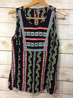 New Directions Weekend Black Relaxed Fit Tank Top Embroidered Aztec M