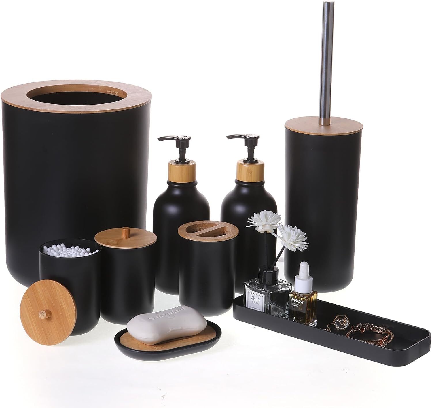 Matte Black Bathroom Accessories Set 9PCS,Bamboo