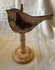 DECOUPAGE WOOD BIRD PHOTO/NOTE CLIP HOLDER ON WOODEN STAND ~