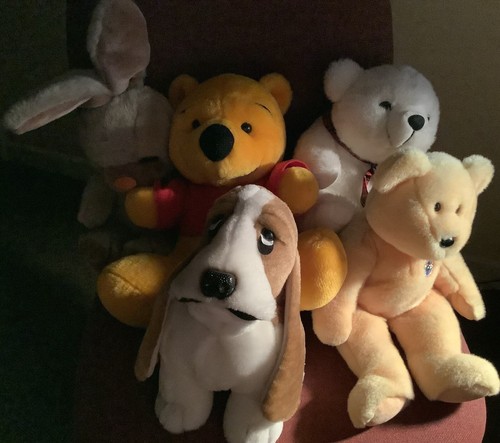 BUNDLE 5 CUDDLY TOYS, POOH BEAR,HUSH PUPPY DOG,POLAR BEAR,BEANY BABY BEAR,RABBIT