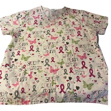 SB Scrubs Scrub Top Womans Size M Care Heal Hope Love Pink Ribbon