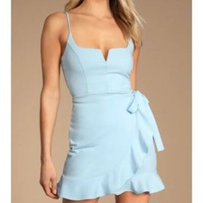 Lulus Cheers to Chic Light Blue Tie-Front Ruffled Mini Dress large