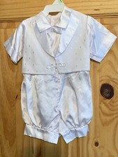 White Baptism Christening One Piece bonnet Cap Set Simulated Tux Bow Snaps 0-6 M