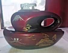 Vintage Aizu 2 Piece Red Lacquer Desk Table Lighter/Ashtray Painted Japan