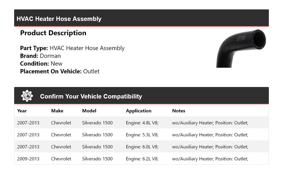 Para Chevrolet Silverado 1500 Dorman 2007-2013 HVAC calefacción manguera montaje salida Foto 2 de 4
