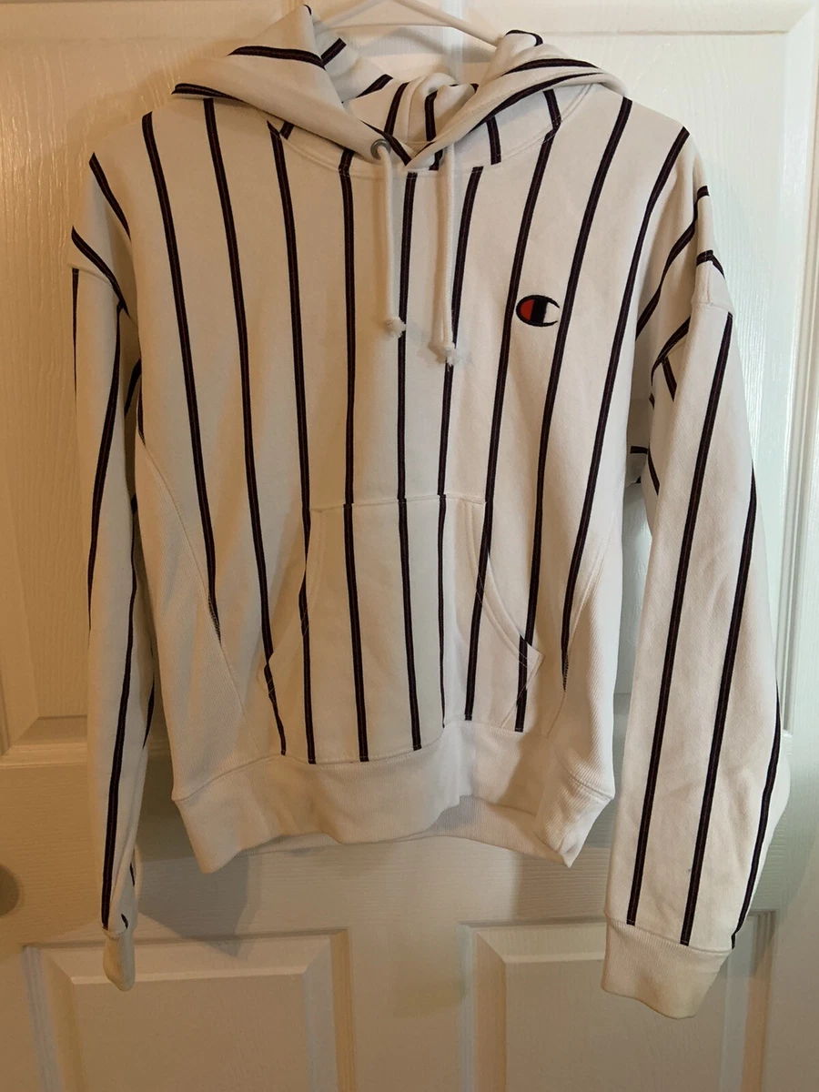 CHAMPION White With Stripes REVERSE WEAVE Striped Hoodie XS