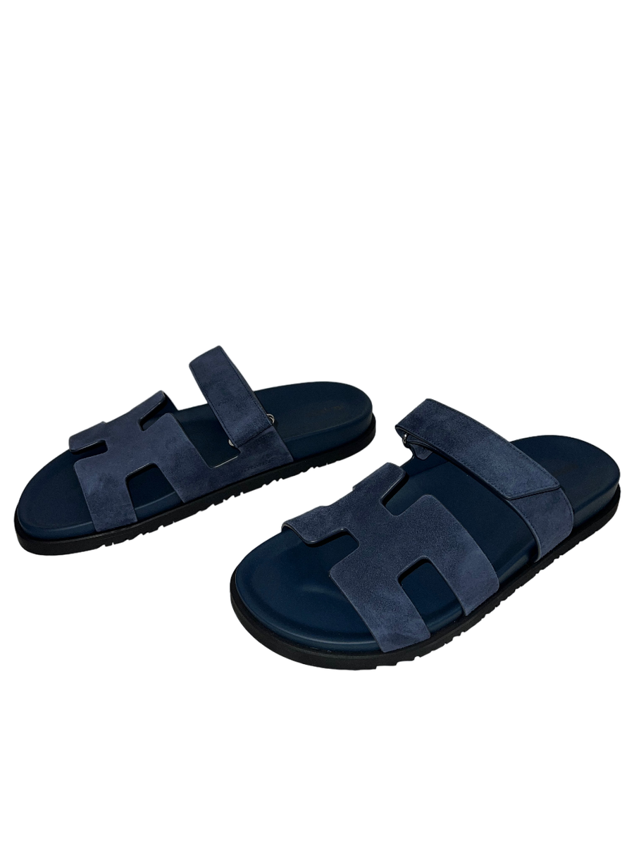 Hermes Chypre Sandal Blue Celeste Dark Suede Logo Strap  display picture 3
