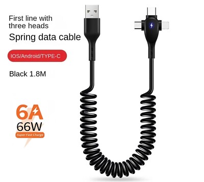 USB Kabel Typ-C+Micro+iPhone Handy Auto Ladekabel Schnellladekabel Spiralkabel