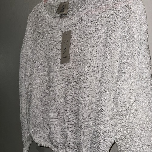 Sioni - NWT L White Silver Glitter Shimmer 3/4 Sleeve Sweater Blouse Large 438 - Picture 2 of 8