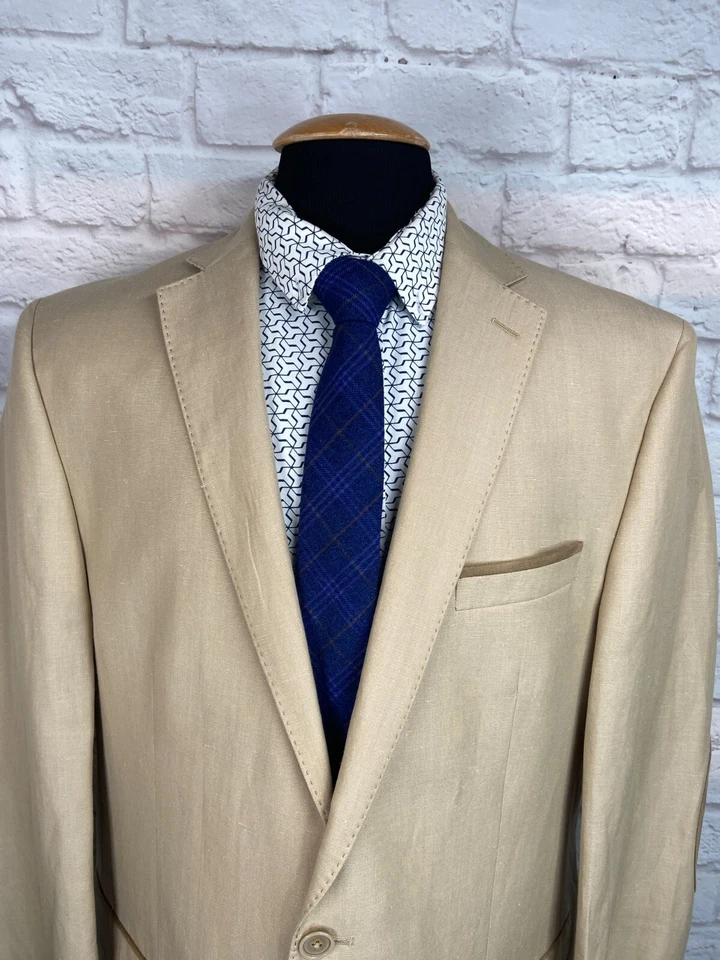 VAN HEUSEN Hombres Caqui LINO PARCHES PARA EL CODO Traje Deporte Abrigo Blazer Chaqueta TALLA 44L Foto 2 de 4