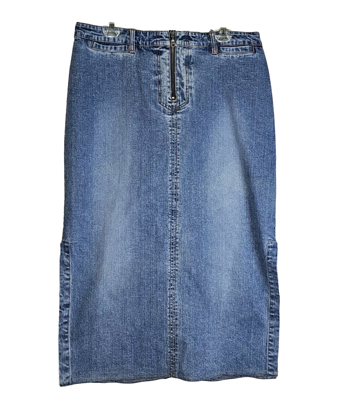 90s Vintage Jean Maxi Skirt Sz 16 Zipper Pockets Side Slits Blue Denim Cute