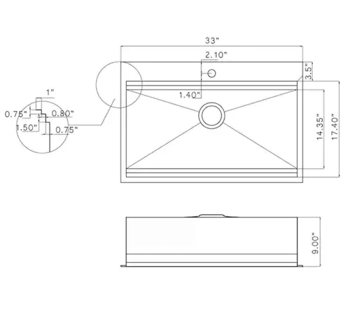 AKDY KS0303 DropIn 33"x22"x9" Single Bowl Kitchen Sink with