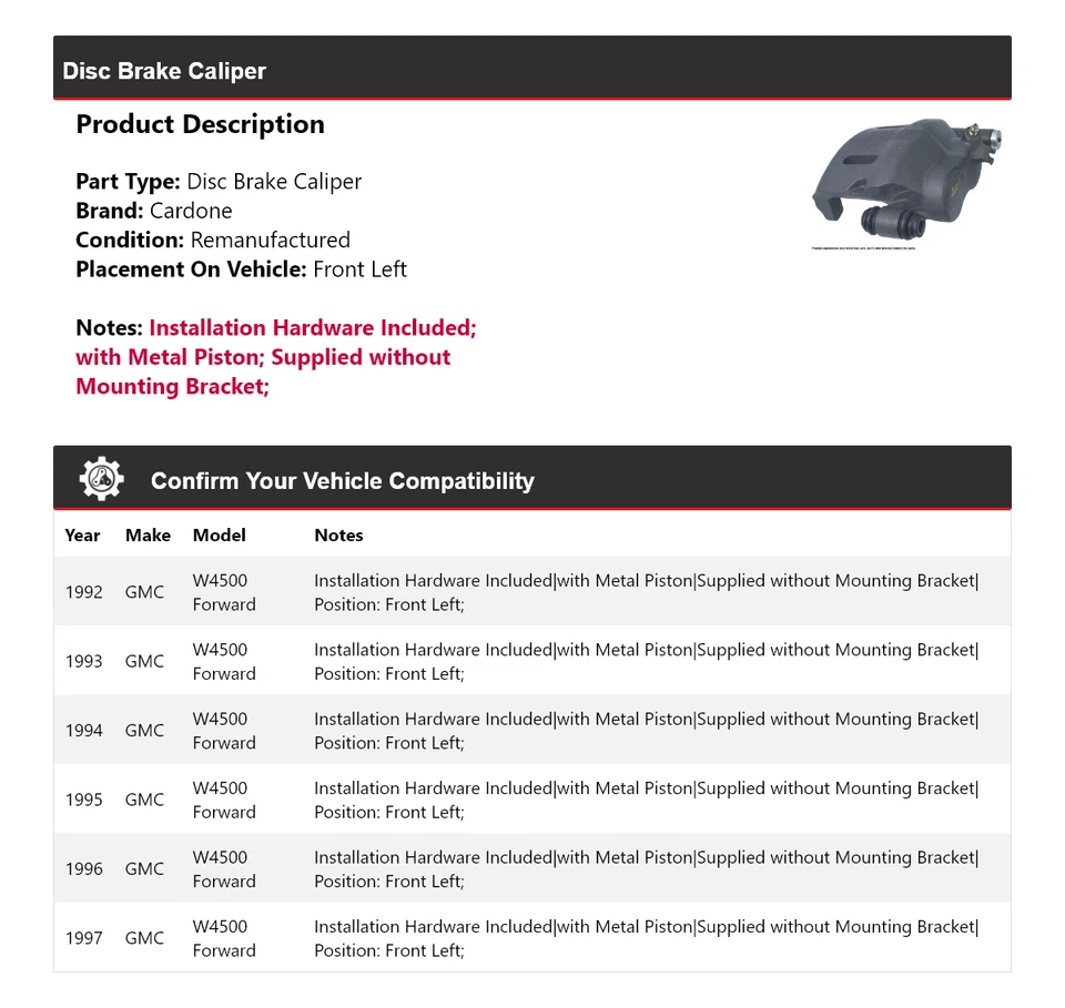 Pinza de freno de disco delantera izquierda Cardone 1993 1994 GMC W4500 1992-1997 Foto 2 de 4