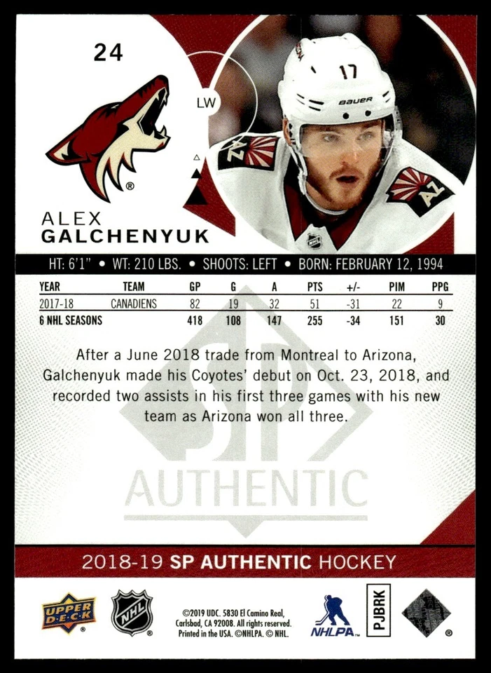 2018-19 SP Authentic Limited Red Alex Galchenyuk Arizona Coyotes #24 . - Image 2 of 2