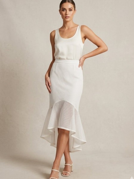 SHEIKE Skirt Sz 14 Ivory Midi Ruffle High Low Mermaid Mesh Lined Occasion Event 