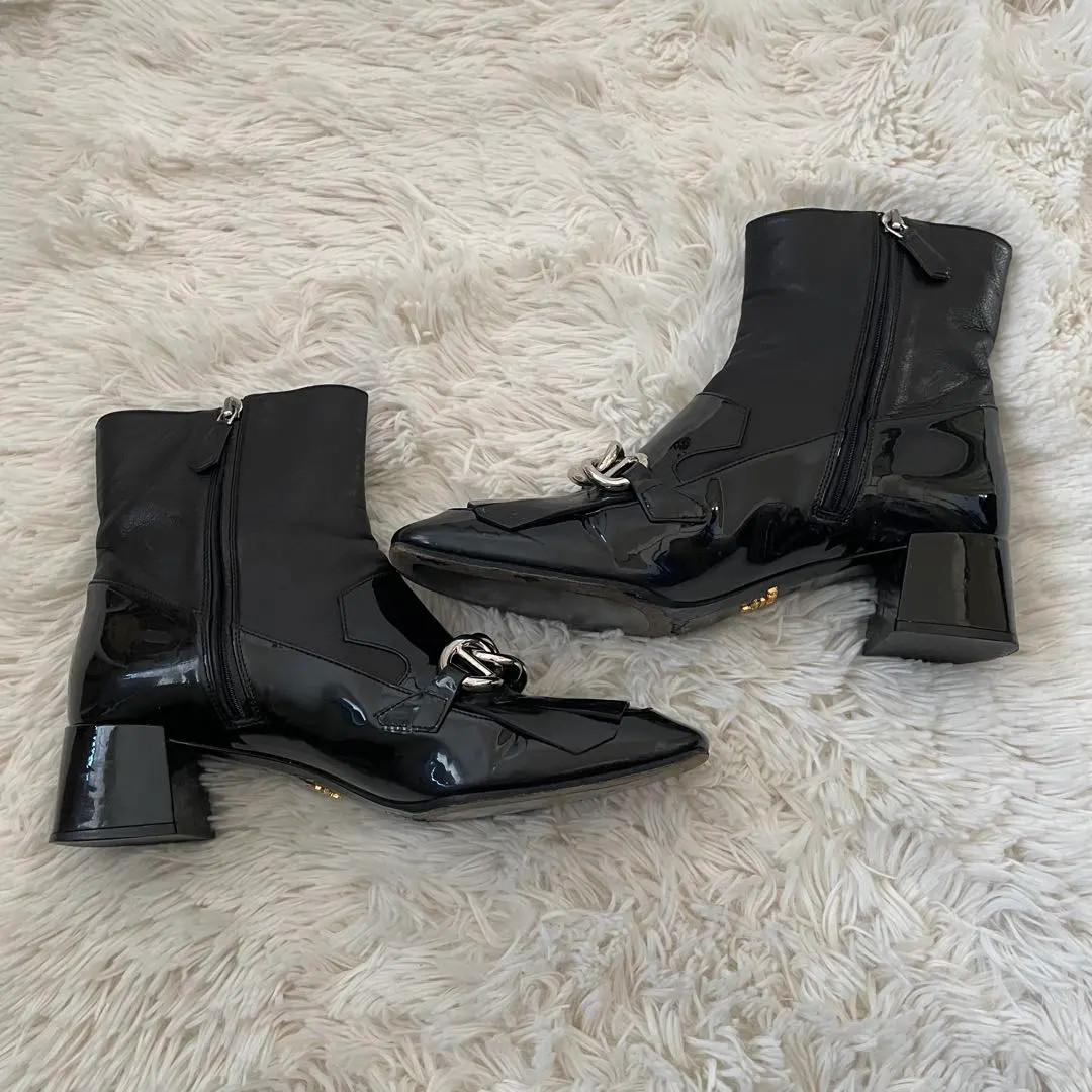 PRADA Short Boots Shoes Chain EU 38.0 US 8.0 Leather Black Auth Excellent FS thumbnail 6