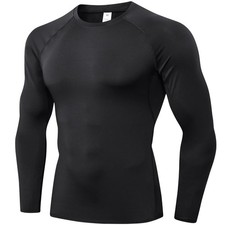 Black Compression Shirts Long Sleeve Men Cool Dry Athletic Workout Running T-...