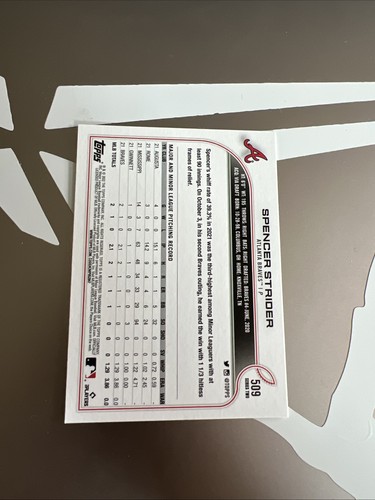 Tarjeta de béisbol 2022 Topps Spencer Strider RC #509 Atlanta Braves - Imagen 2 de 2