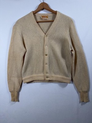 Vtg 60s Jantzen Sweater Mens XL Beige Fuzzy Knit Button V Neck Golf Cardigan USA
