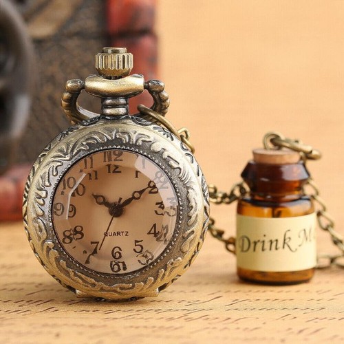 Alice In Wonderland New Pocket Watch Necklace Chain Xmas Gift Drink Me Bottle - Picture 6 of 11