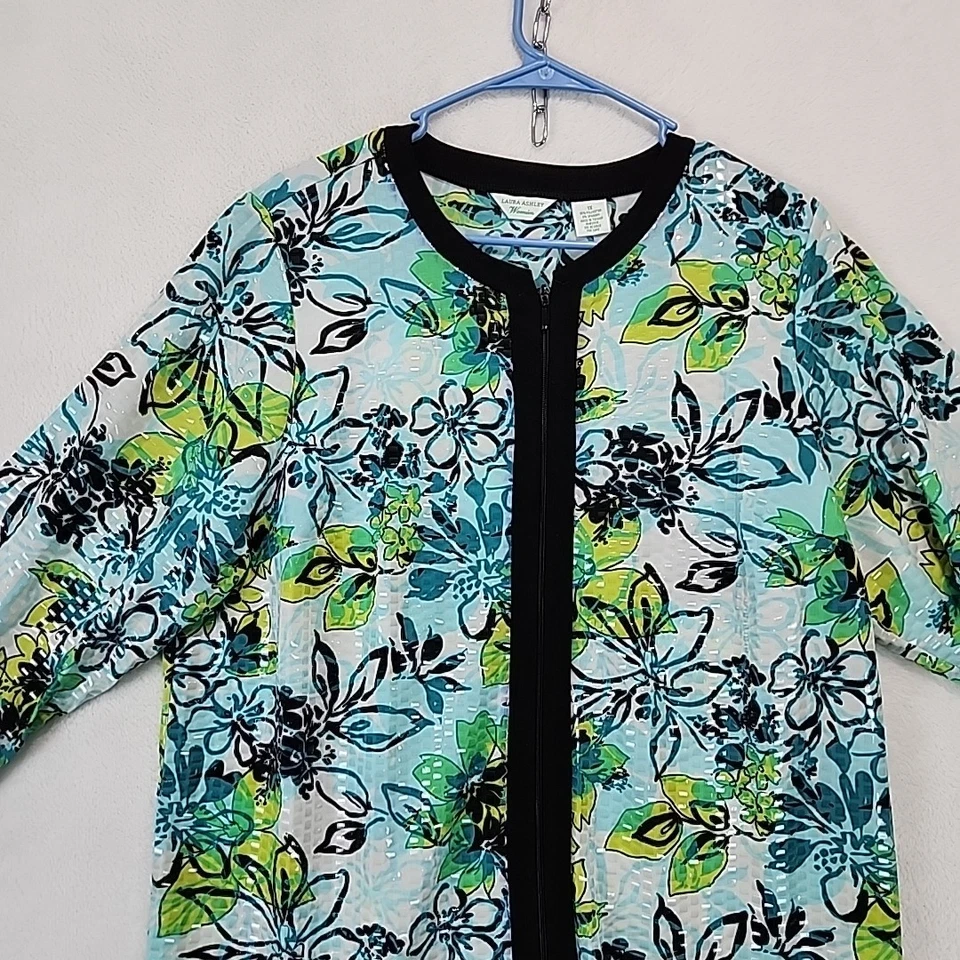 Laura Ashley Womens Jacket 1X Plus Blue Full Zip Floral Long Sleeve Artsy Sequin - Image 3 of 4