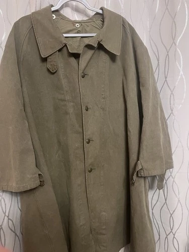 WWII Vintage French Military Motorcycle Olive Green Canvas Belted Overcoat XL