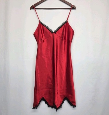 Deane & White Satin Slip Dress Sz Large Lace Trim Chemise Lingerie Red Goth 3316