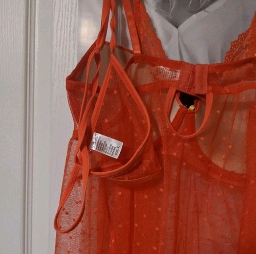 Spree Orange Mesh Polka Dot Lace Babydoll Nightie Lingerie Set Underwire Large - Picture 4 of 6