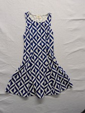 Everly Womens Geometric Blue & White Sleeveless Fit & Flare Dress