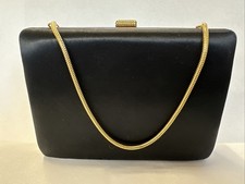 Vintage 1960s Satin Black Clutch Purse Bag Minimalist Gold Tone Chain Handle