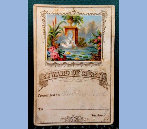 1800s antique victorian REWARD of MERIT CARD w paste down PRINT SWAN